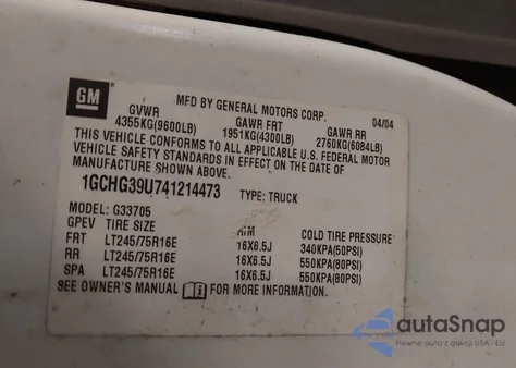 2004 Chevrolet Express from USA, damaged, VIN 1GCHG39U741214473